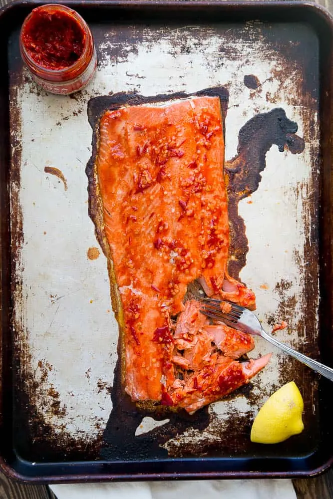 This spicy Harissa Roasted Salmon is a summertime favorite! There are only 5 ingredients and you can make it on the grill, too. Perfect for palo, keto, and Whole30 eaters. | perrysplate.com 