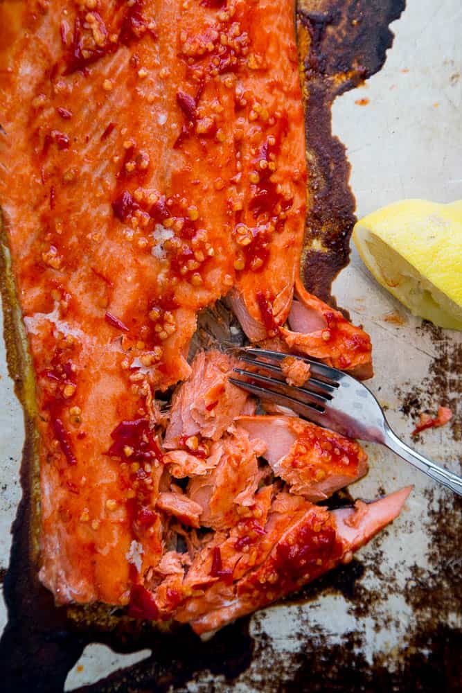 This spicy Harissa Roasted Salmon is a summertime favorite! There are only 5 ingredients and you can make it on the grill, too. Perfect for palo, keto, and Whole30 eaters. | perrysplate.com 