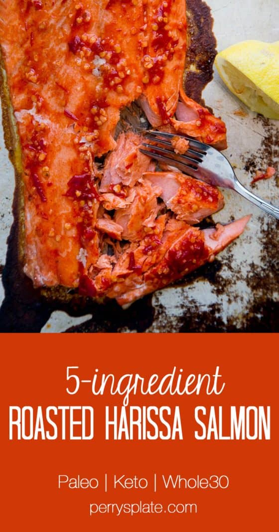 This spicy Harissa Roasted Salmon is a summertime favorite! There are only 5 ingredients and you can make it on the grill, too. Perfect for palo, keto, and Whole30 eaters. | perrysplate.com 