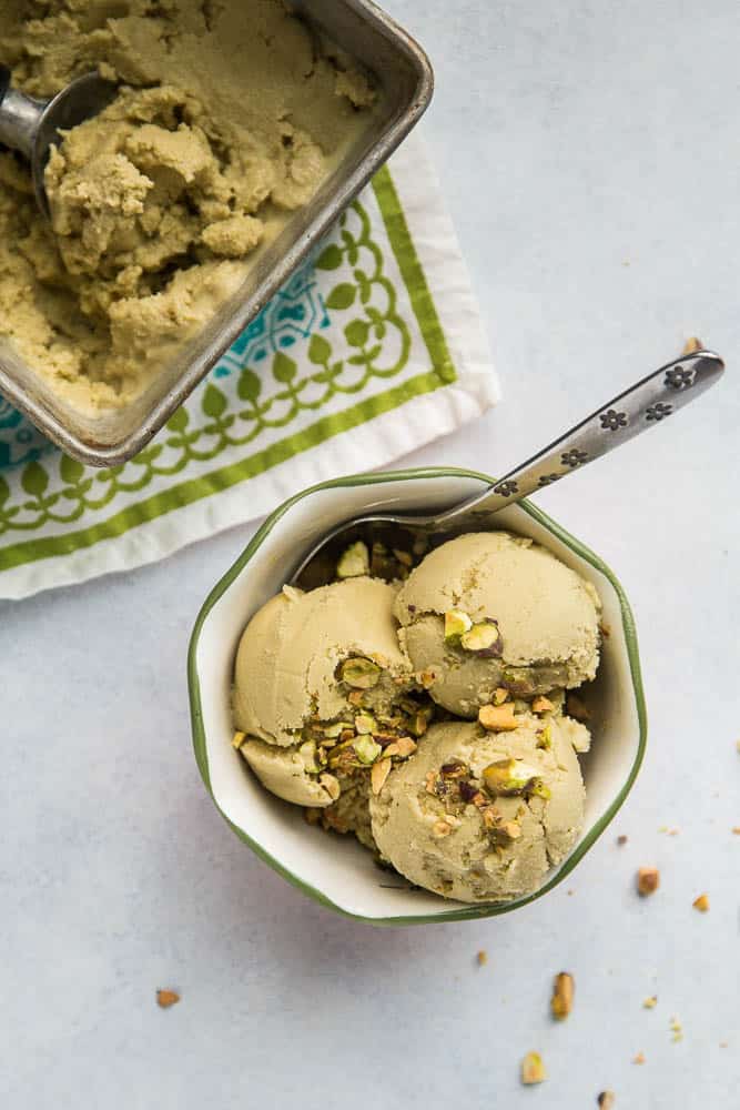 Dairy Free Pistachio Ice Cream starts off with homemade pistachio milk -- it's easier than you think! This ice cream is naturally sweetened and has a low-carb/keto option, too. | perrysplate.com