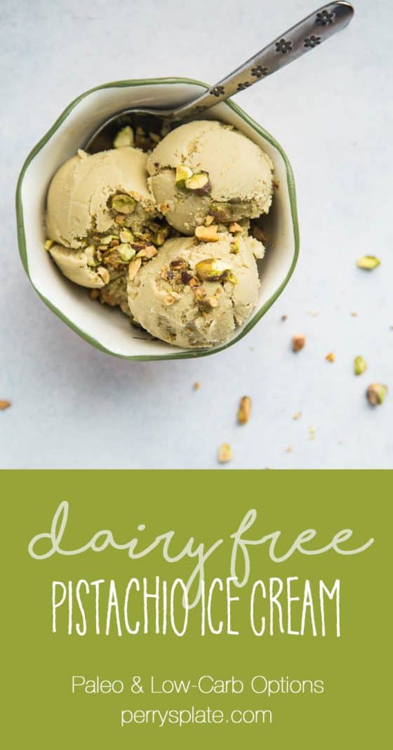 Dairy Free Pistachio Ice Cream starts off with homemade pistachio milk -- it's easier than you think! This ice cream is naturally sweetened and has a low-carb/keto option, too. | perrysplate.com