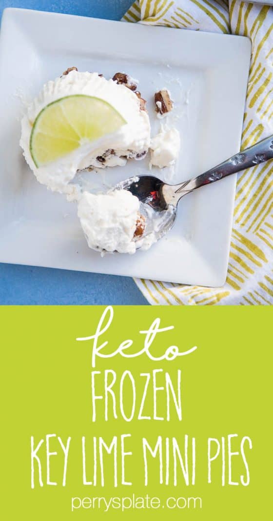 Keto Frozen Key Lime Mini Pies are so easy to make and they can hang out in the freezer and wait until you need them. I love the crumbly candied pecan crust on the bottom! You can make them dairy-free, too. | perrysplate.com