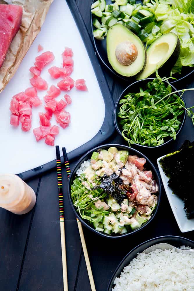 These easy Ahi Tuna Poke Bowls with Spicy Mayo are a quick dinner idea and are naturally gluten and soy-free! They can also be made to be paleo, keto, or Whole30 compliant. | perrysplate.com | poke bowl recipes | paleo recipes | Whole30 recipes | keto recipes