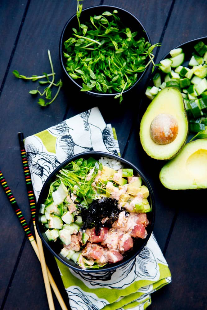 These easy Ahi Tuna Poke Bowls with Spicy Mayo are a quick dinner idea and are naturally gluten and soy-free! They can also be made to be paleo, keto, or Whole30 compliant. | perrysplate.com | poke bowl recipes | paleo recipes | Whole30 recipes | keto recipes