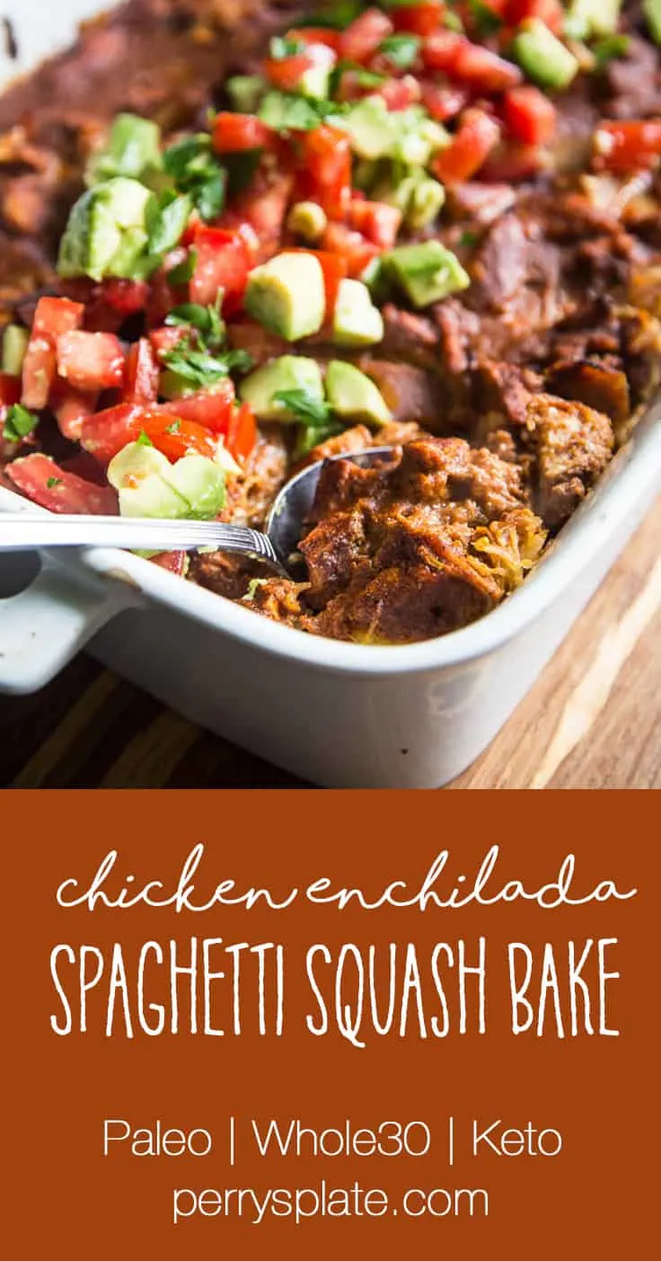 Chicken Enchilada & Spaghetti Squash Bake is a great make-ahead meal for families! It's Whole30 compliant, keto/low-carb friendly, and paleo.
