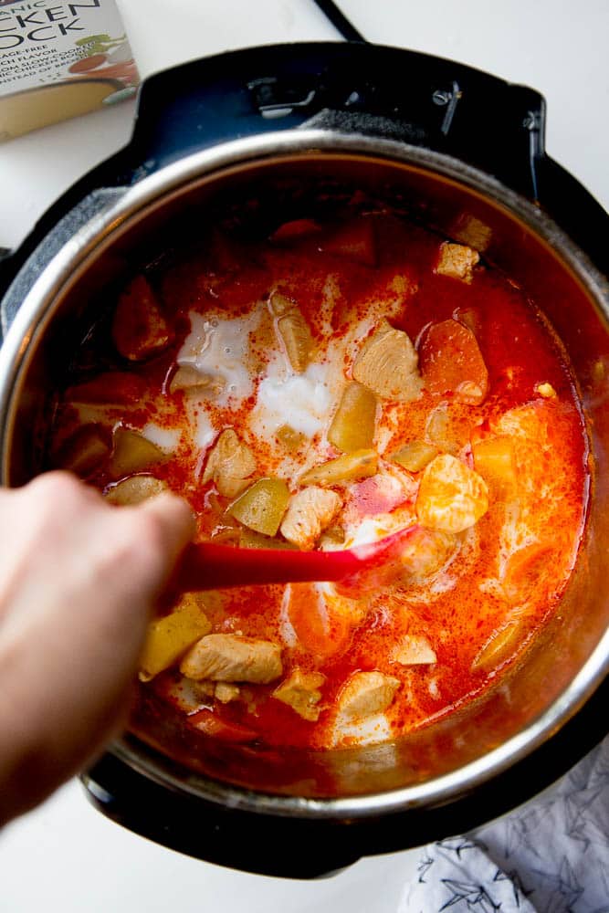 Make this flavorful, kid-friendly Thai Chicken Curry in your Instant Pot! (Also includes stovetop and slow cooker instructions!) Swap out the vegetables, protein, or even make it vegetarian. Super easy and can be made low-carb/keto or Whole30 friendly. | perrysplate.com