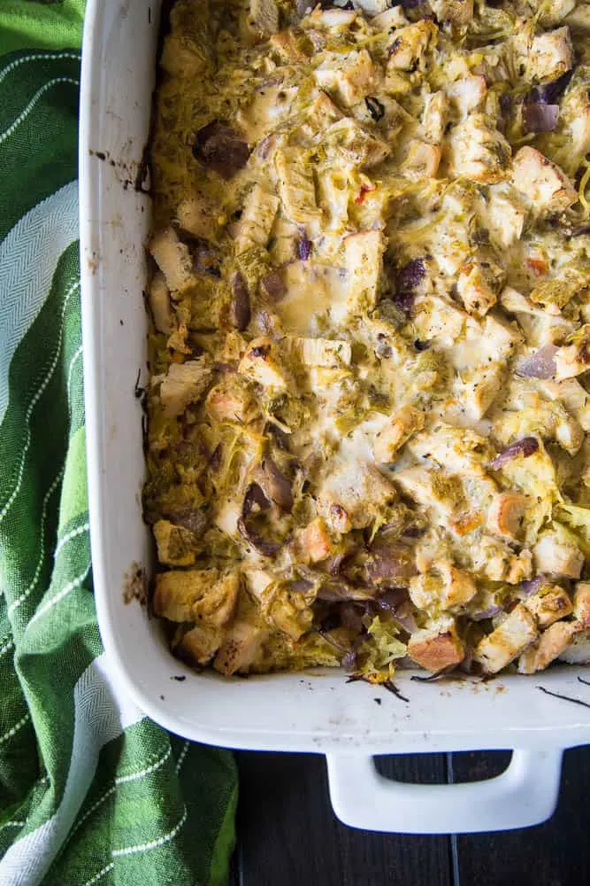 Green Chile Chicken & Spaghetti Squash Bake | This keto/Whole30 friendly spaghetti squash bake is PERFECT for meal preppers or those who like to prep components of a meal ahead of time. I love the addition of green salsa and a splash of paleo ranch to give it some creaminess. Avocados on top are a must! | PerrysPlate.com