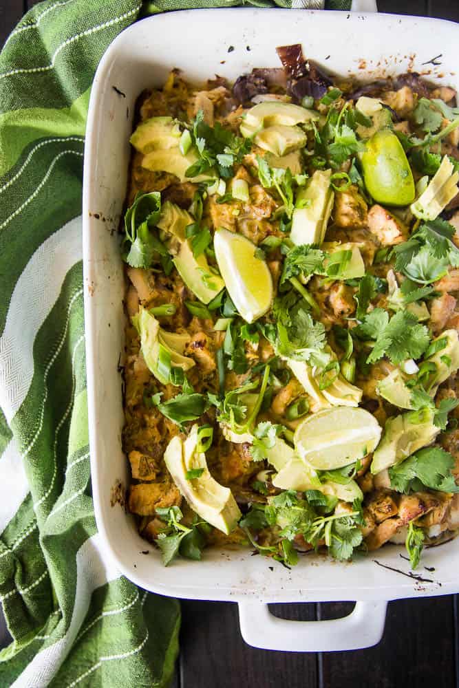 Green Chile Chicken & Spaghetti Squash Bake | This keto/Whole30 friendly spaghetti squash bake is PERFECT for meal preppers or those who like to prep components of a meal ahead of time. I love the addition of green salsa and a splash of paleo ranch to give it some creaminess. Avocados on top are a must! | PerrysPlate.com