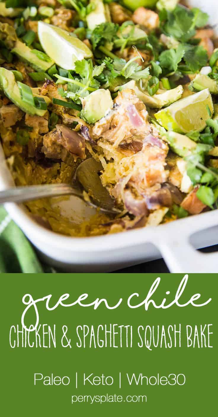 Green Chile Chicken & Spaghetti Squash Bake | This keto/Whole30 friendly spaghetti squash bake is PERFECT for meal preppers or those who like to prep components of a meal ahead of time. I love the addition of green salsa and a splash of paleo ranch to give it some creaminess. Avocados on top are a must! | PerrysPlate.com