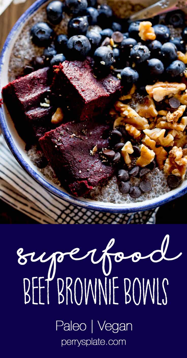 SUPERFOOD BEET BROWNIE BOWLS: These bowls are filled with superfoods like chia seed pudding, beet brownies (so good, guys), walnuts, blueberries, and dark chocolate. Make them for a healthier dessert or prep them the night before for a special breakfast. | paleo breakfast | paleo dessert | paleo brownies | perrysplate.com 