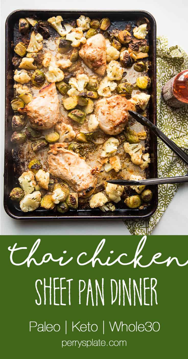 A sheet pan dinner is your best friend -- especially on the weeknights. This sheet pan BFF has chicken & veggies that cook up in a super easy Thai-inspired marinade. You can serve it as is (Paleo/Keto/Whole30 friendly!) or with some freshly steamed Jasmine rice. | PerrysPlate.com