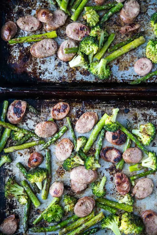 Sheet pan dinners are my favorite weeknight go-to meal! You can hardly call it a recipe, though. Swap out the veggies and protein for quick-roasting ones you love. Easy to make Whole30, Paleo, or Keto/Low-Carb friendly! | PerrysPlate.com