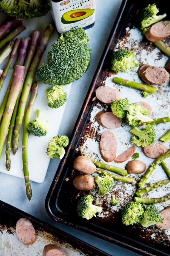 Sheet pan dinners are my favorite weeknight go-to meal! You can hardly call it a recipe, though. Swap out the veggies and protein for quick-roasting ones you love. Easy to make Whole30, Paleo, or Keto/Low-Carb friendly! | PerrysPlate.com