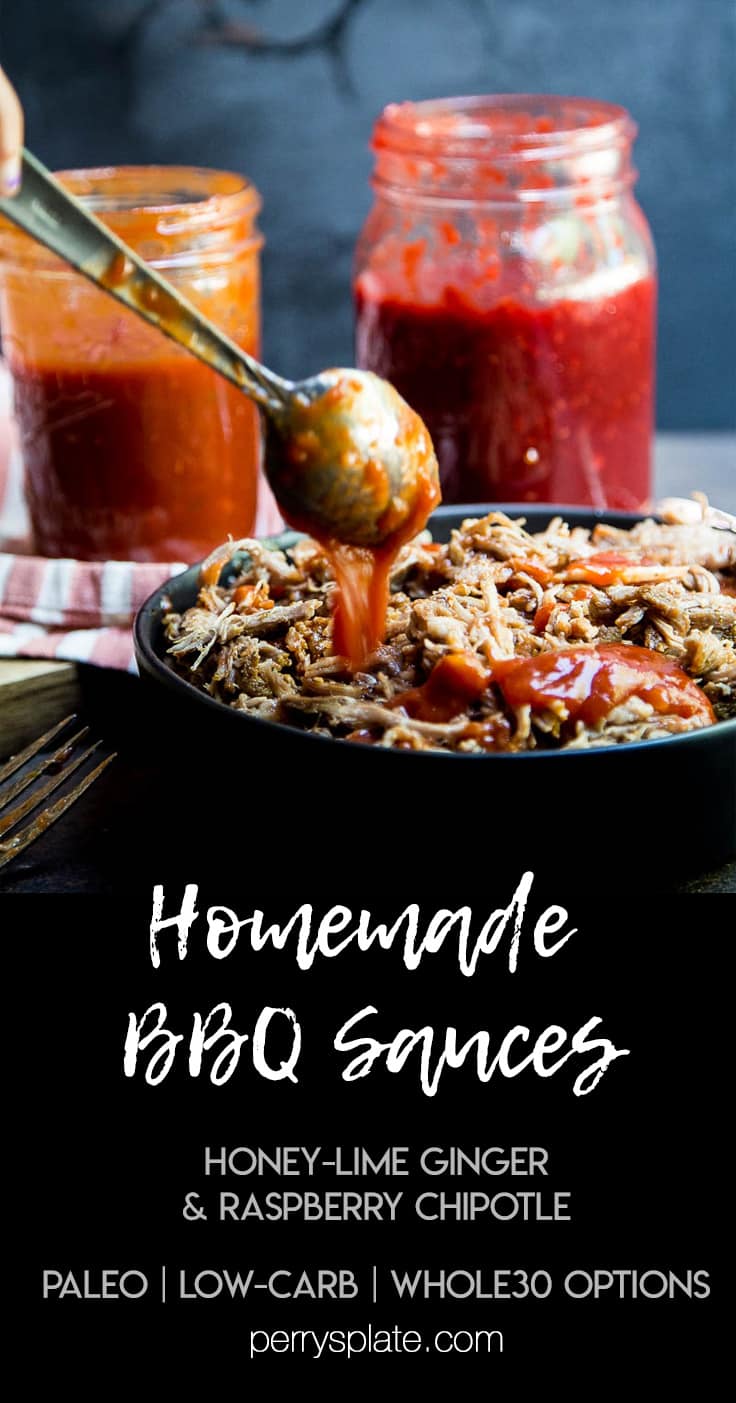 Two Homemade BBQ Sauces -- both can be made paleo, low-carb, or Whole30 compliant! They're super easy to make with only a handful of ingredients. | www.perrysplate.com #bbqsauce #bbqpulledpork