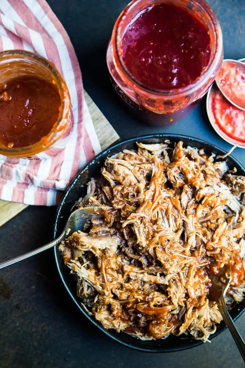 BBQ Pulled Pork is SO easy in an Instant Pot pressure cooker! You can turn a big pork roast into tender shreds of sweet BBQ in under 2 hours! | perrysplate.com #instantpot #bbqpulledpork BBQ Pulled Pork is SO easy in an Instant Pot pressure cooker! You can turn a big pork roast into tender shreds of sweet BBQ in under 2 hours! | perrysplate.com #instantpot #bbqpulledpork