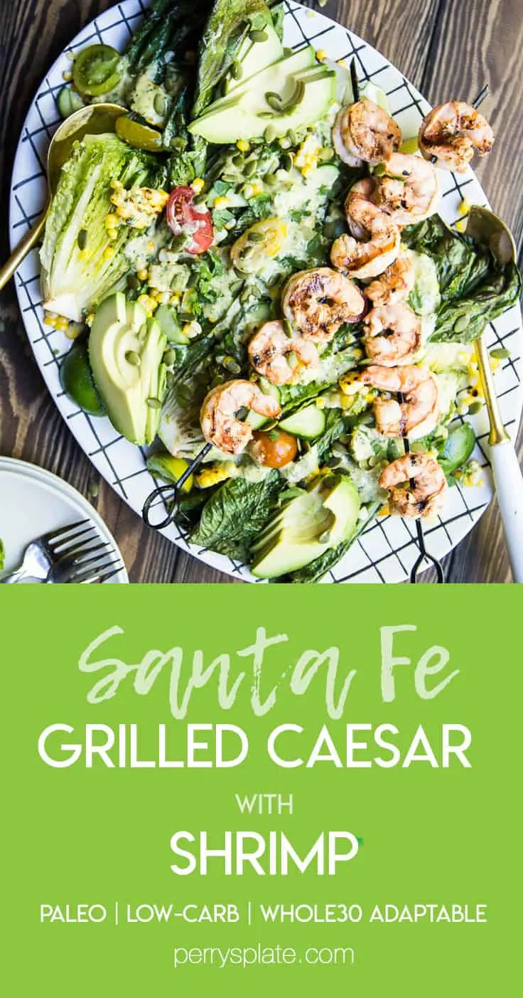 This is a fun, Southwest twist on a Caesar Salad with grilled romaine. (Yes, you can grill lettuce! It works!) The Cilantro-Lime Caesar Dressing is my favorite part. | perrysplate.com #caesarsalad #grilledshrimp #grilledcorn