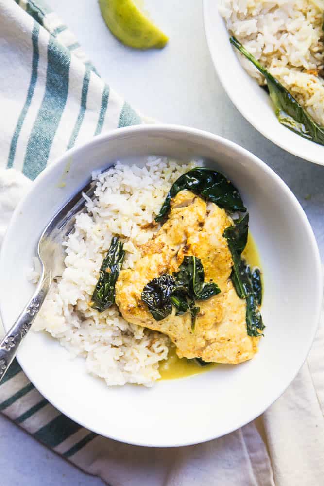 This one-pan Thai Coconut Fish Curry is a life-saver on a busy weeknight! Serve it up with some coconut rice (recipe link in the post!). | perrysplate.com #curryrecipe #thairecipes #weeknightdinnerrecipes