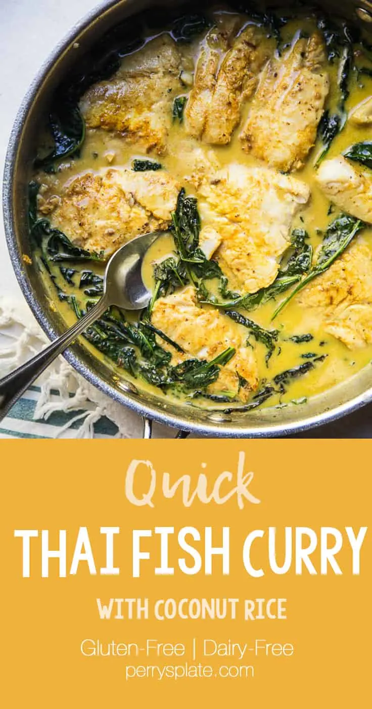 This one-pan Thai Coconut Fish Curry is a life-saver on a busy weeknight! Serve it up with some coconut rice (recipe link in the post!). | perrysplate.com #curryrecipe #thairecipes #weeknightdinnerrecipes