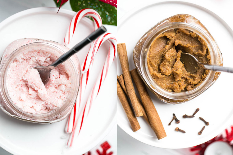 Homemade Holiday Sugar scrub is quick and easy and makes great teacher gifts and stocking stuffers! | perrysplate.com #stockingstuffers #teachergifts #homemadesugarscrub