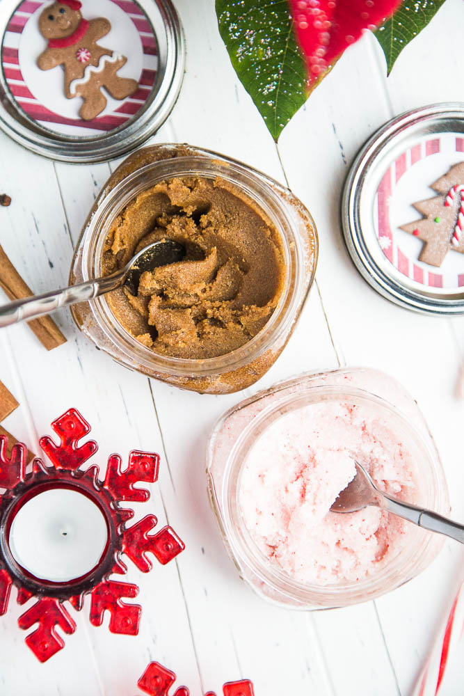 Homemade Sugar Scrub is super easy to make! These holiday versions are festive and make great teacher gifts or stocking stuffers. | perrysplate.com #stockingstuffers #teachergift #homemadescrub #sugarscrub Homemade Sugar Scrub is super easy to make! These holiday versions are festive and make great teacher gifts or stocking stuffers. | perrysplate.com #stockingstuffers #teachergift #homemadescrub #sugarscrub