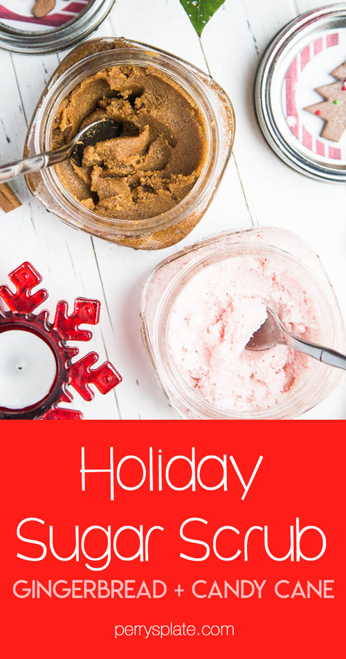 Homemade Sugar Scrub is super easy to make! These holiday versions are festive and make great teacher gifts or stocking stuffers. | perrysplate.com #stockingstuffers #teachergift #homemadescrub #sugarscrub