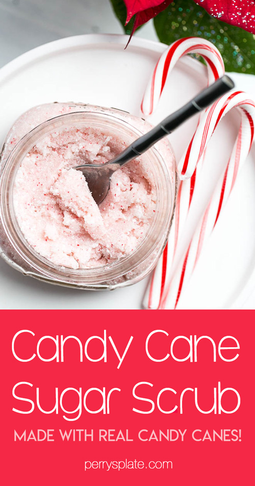 Homemade Candy Cane Sugar Scrub! It's easy to make and uses real candy canes. | perrysplate.com #teachergifts #sugarscrub #homemadesugarscrub