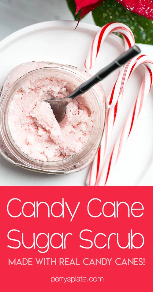 Homemade Candy Cane Sugar Scrub! It's easy to make and uses real candy canes. | perrysplate.com #teachergifts #sugarscrub #homemadesugarscrub