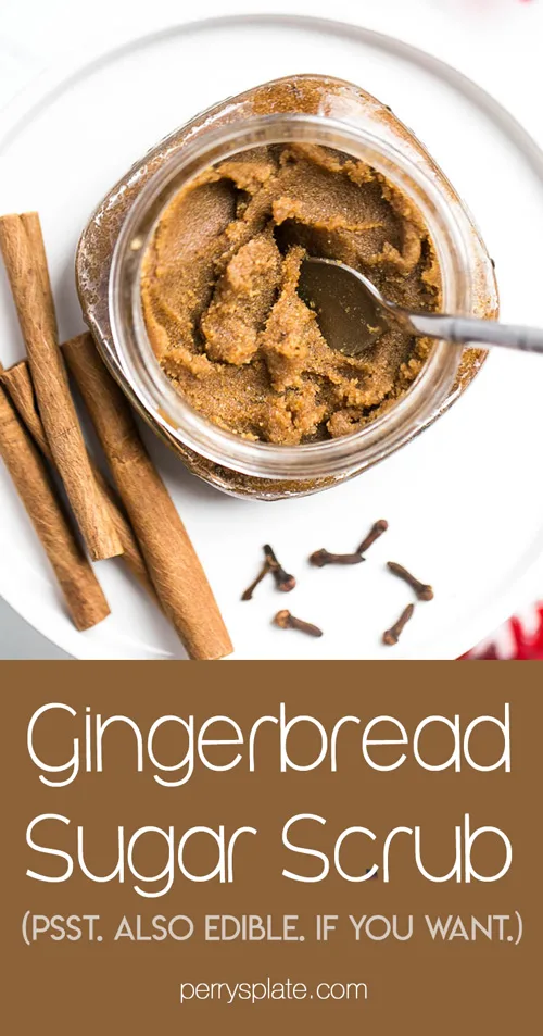 Homemade Gingerbread Sugar scrub is quick and easy and smells like gingerbread cookie dough! (It tastes like it, too. *wink*) | perrysplate.com #teachergifts #stockingstuffers #homemadesugarscrub