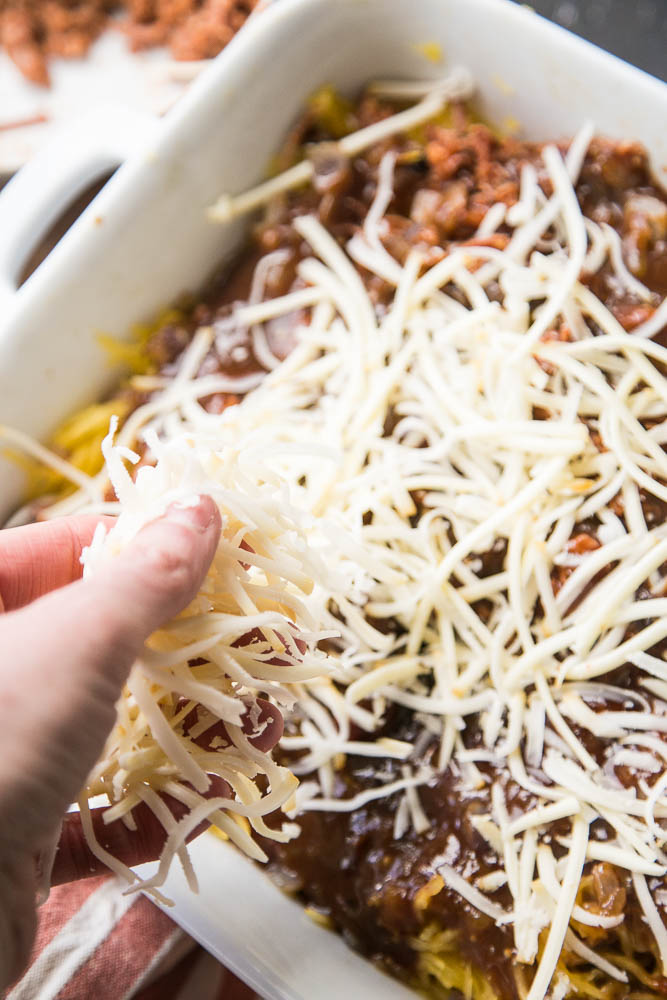 A perfect recipe for leftover BBQ pulled pork! It's also grain-free and easily made keto or low-carb friendly! | perrysplate.com #pulledpork #spaghettisquash #bbqpork