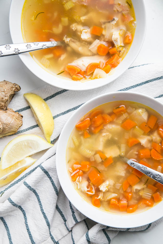 The EASIEST and best way to use leftover chicken! Lots of customizations for this tasty Instant Pot chicken soup! | perrysplate.com #instantpot #instantpotrecipes #chickensoup