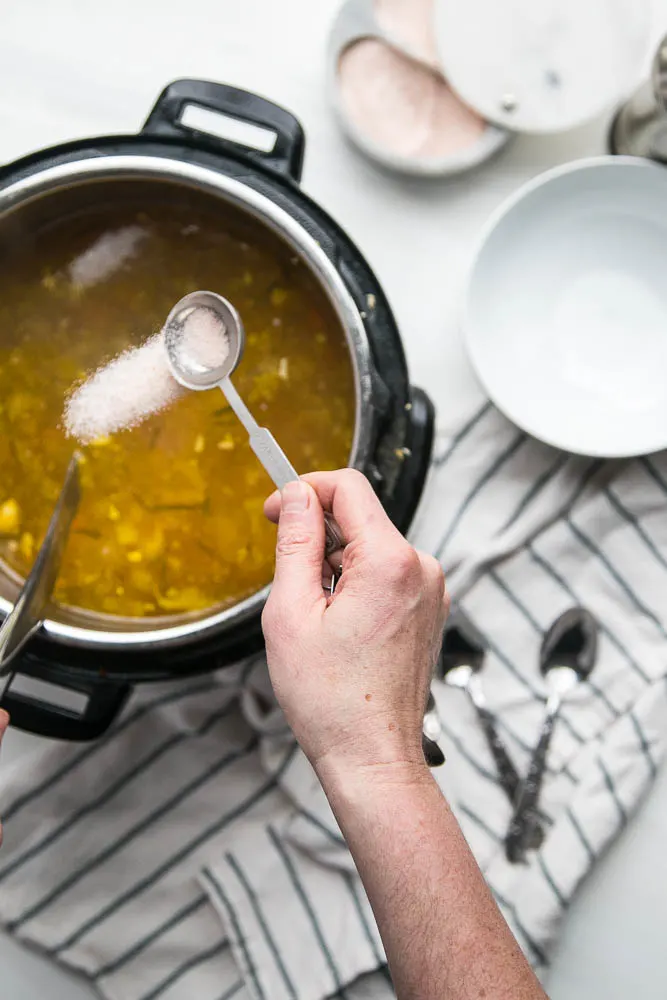 The EASIEST and best way to use leftover chicken! Lots of customizations for this tasty Instant Pot chicken soup! | perrysplate.com #instantpot #instantpotrecipes #chickensoup