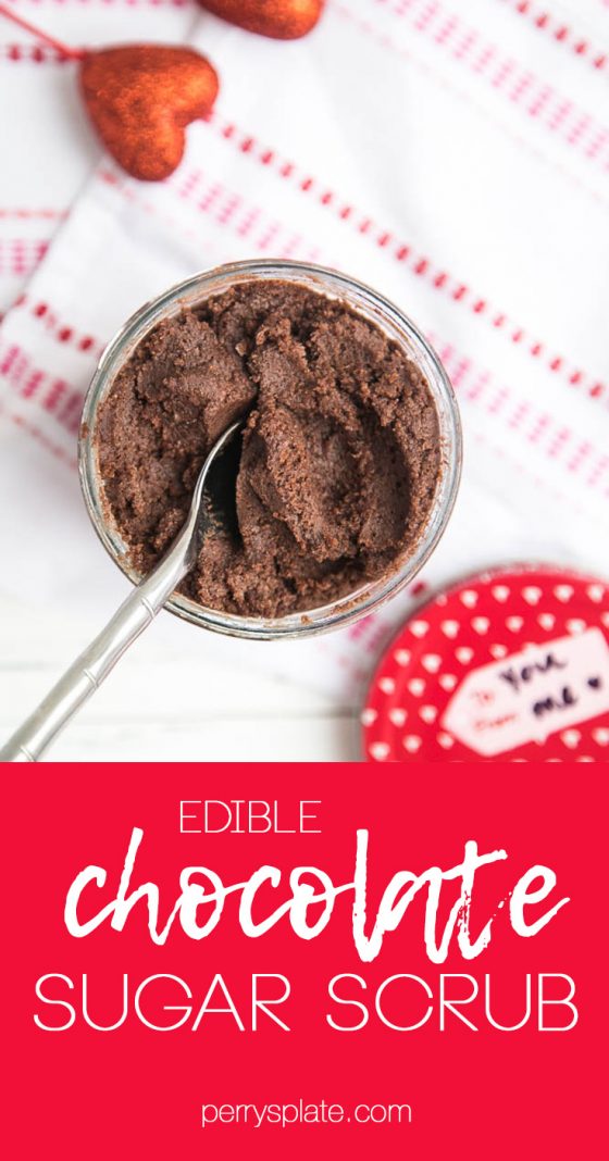 This 3-ingredient chocolate sugar scrub is a sweet little Valentine's Day gift for girlfriends, teachers, or just keep it for yourself. (Psst, it's edible. ;)) #homemadesugarscrub #sugarscrub #valentinesgifts | perrysplate.com