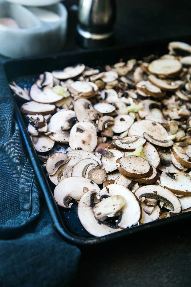 Prepping roasted mushrooms for the oven -- just a few ingredients is all you need.