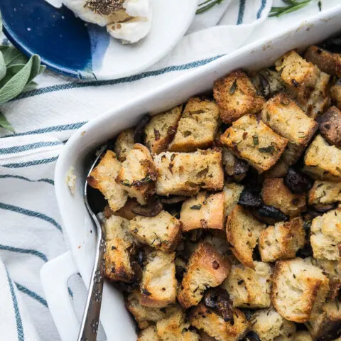 Sourdough Stuffing with Roasted Garlic, Mushrooms, and Pancetta