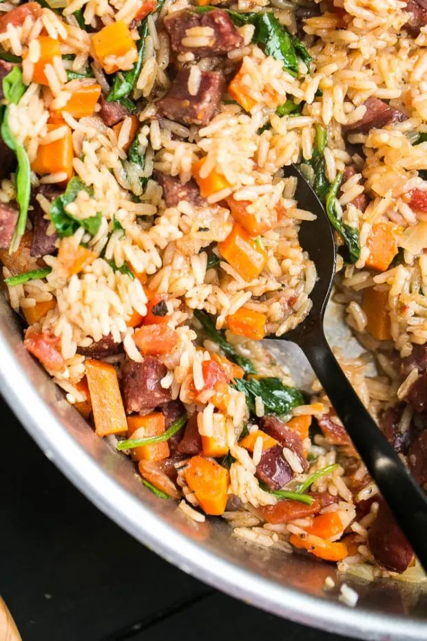 Easy Cajun Sausage & Rice Skillet -- made in about 30 minutes using only ONE PAN! Easy Cajun Sausage & Rice Skillet -- made in about 30 minutes using only ONE PAN!