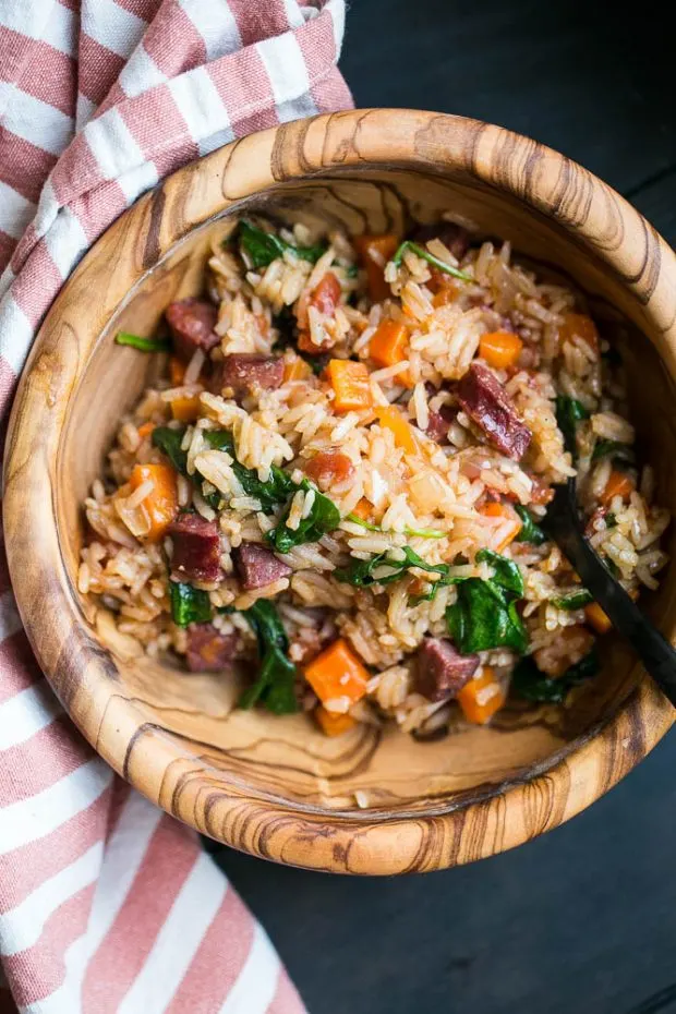Easy Cajun Sausage & Rice Skillet -- made in about 30 minutes in just one pan! Easy Cajun Sausage & Rice Skillet -- made in about 30 minutes in just one pan!