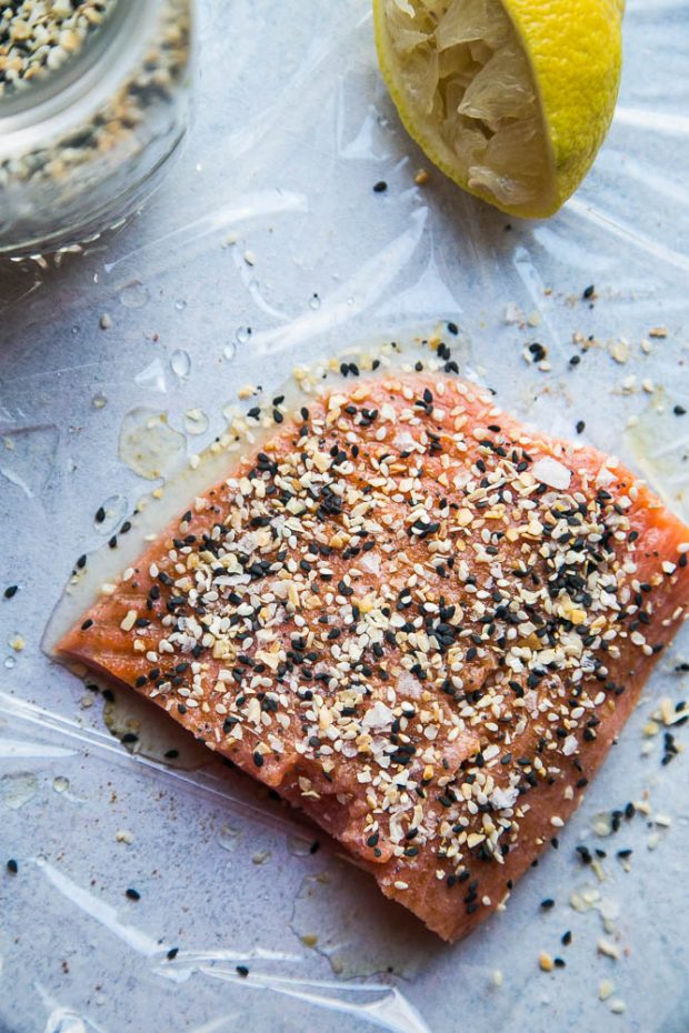 It's easy to make homemade gravlax with a little salt, sugar, and citrus. Adding Everything Bagel Seasoning gives it an extra pop!
