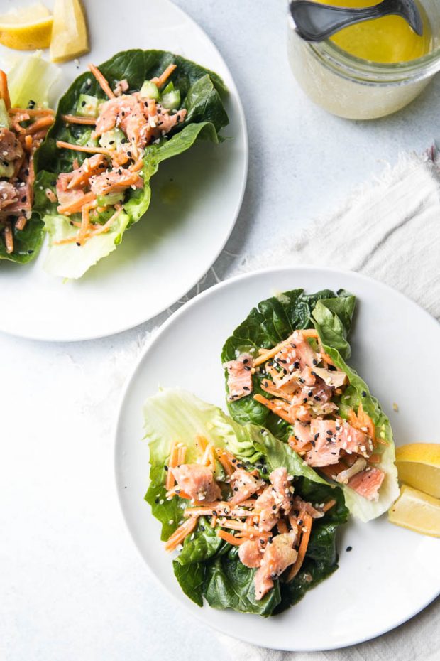 Lettuce wraps are delicious with cured salmon and lemon vinaigrette and more Everything Bagel Seasoning.