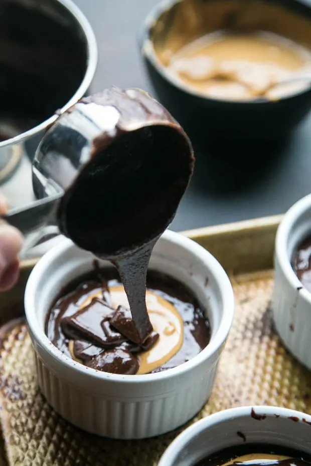 The chocolate lava cake batter should be smooth and shiny and pourable.