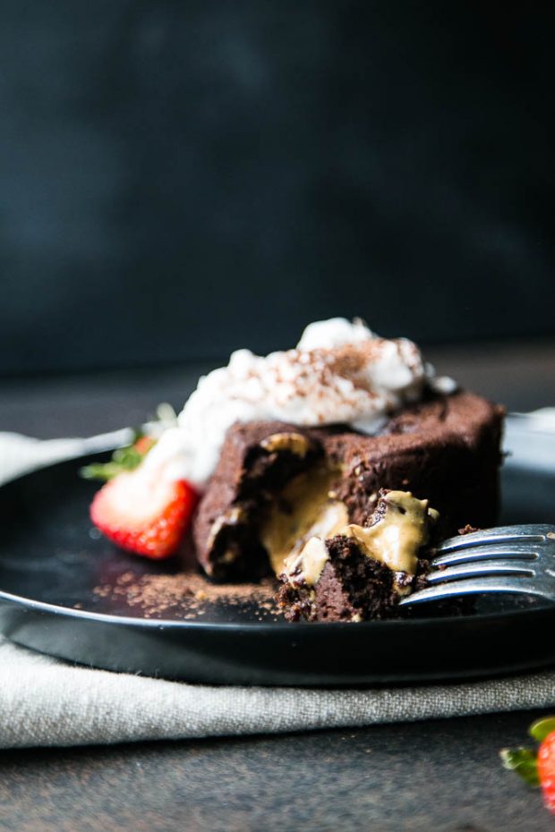 Peanut butter filled chocolate lava cakes are a fun dessert for Valentine's Day or any special day of the year!