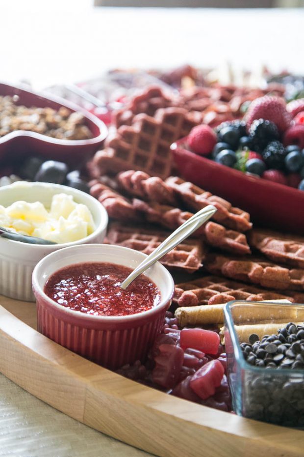 Create a fun breakfast board for Valentine's Day with your favorite waffles or pancakes! 