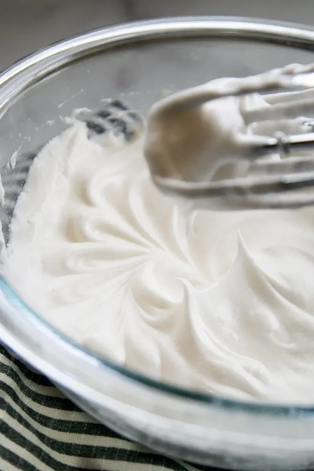 A bowl of marshmallow fluff beaten to stiff peaks.