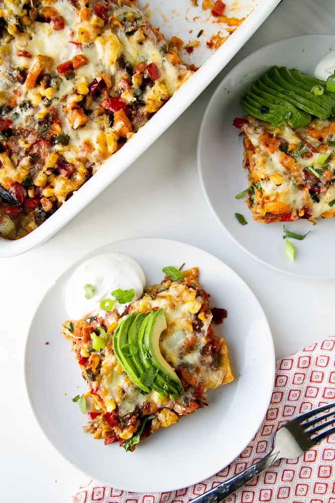 Stacked Roasted Vegetable Enchiladas -- grain-free and dairy-free variations, too!