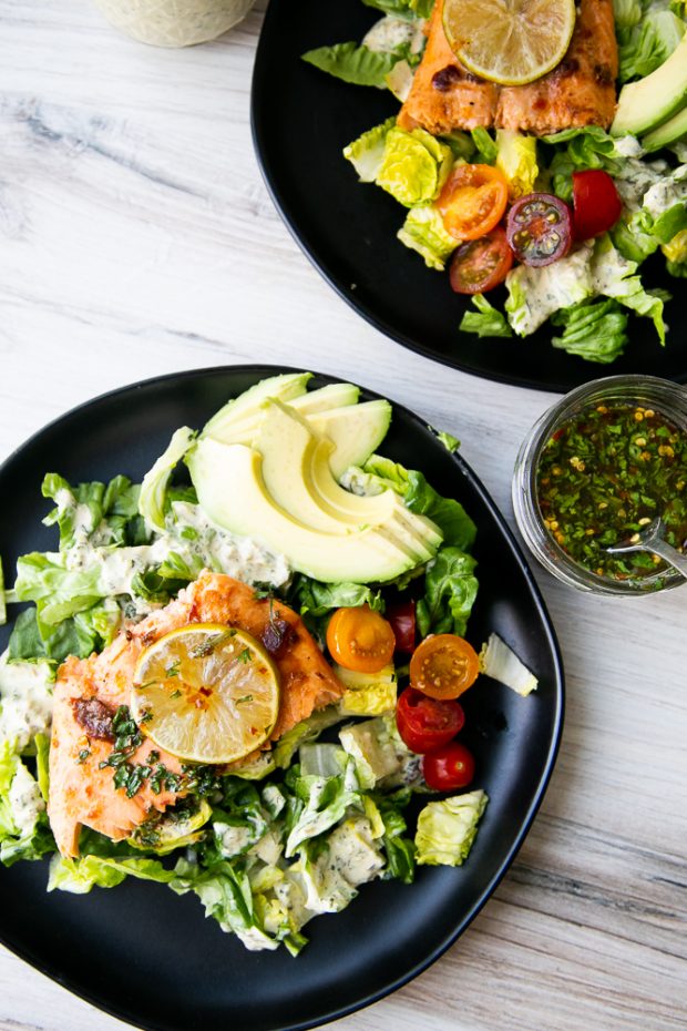 Sweet Chipotle Salmon with Hot Honey Cilantro Glaze is delicious on a salad with jalapeno ranch dressing!