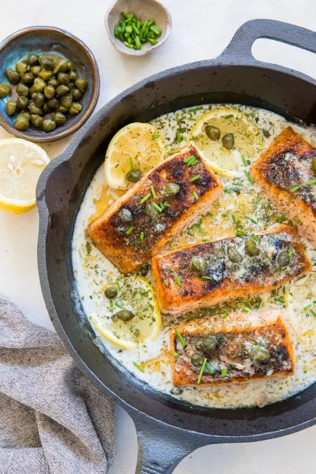 Crispy Skillet Salmon with Lemon-Dill Caper Sauce -- Paleo Meal Plans