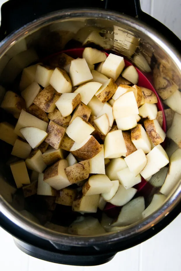 Cooking potato cubes in an Instant Pot for German Potato Salad.