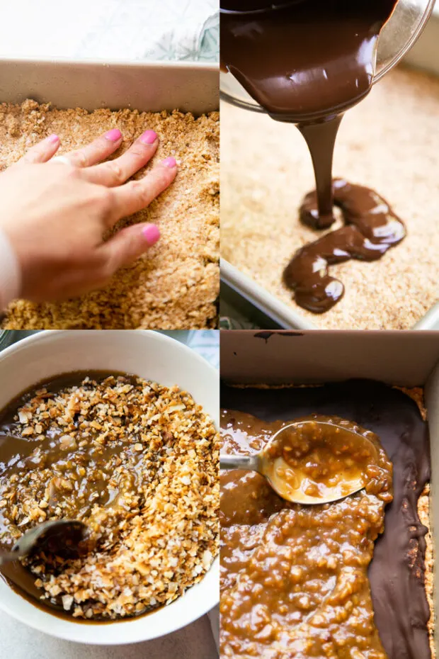 Steps to make Paleo Samoa Cookie Bars -- Pressing the shortbread crust into the pan, pouring chocolate over the crust, stirring toasted coconut into the caramel sauce and then topping the bars with the coconut caramel.