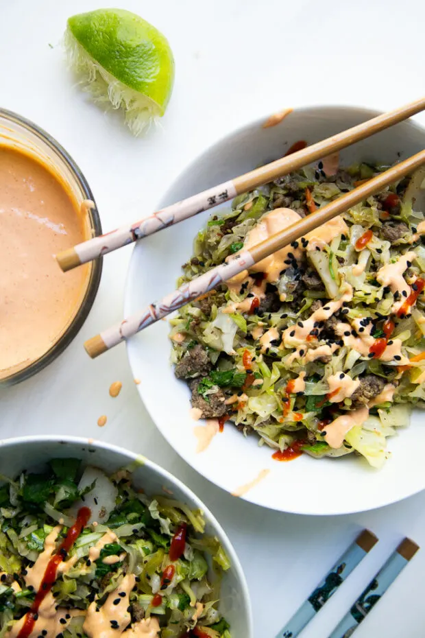 Egg Roll in a Bowl is ready to eat! This is a great recipe to make during hot summer nights or a busy weeknight. Use pre-shredded cabbage to save time.