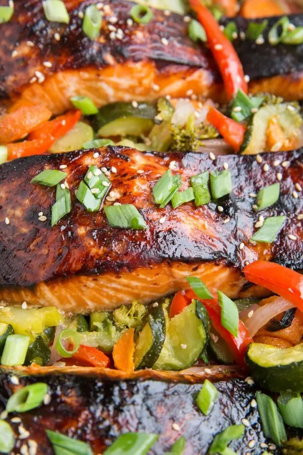 Teriyaki Salmon with roasted vegetables -- part of our Paleo Meal Plan this week.