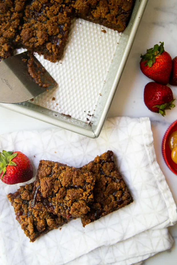 Grain-Free PB&J Bars are a healthier alternative to brownies and cookies and make a great snack.